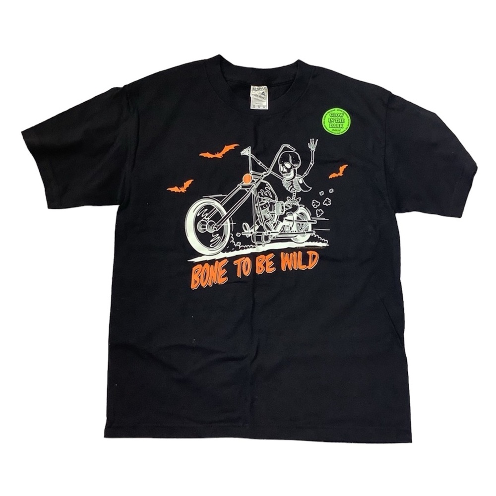 Halloween T-shirt | youth XL | skeleton motorcycle | black glow in the dark fall